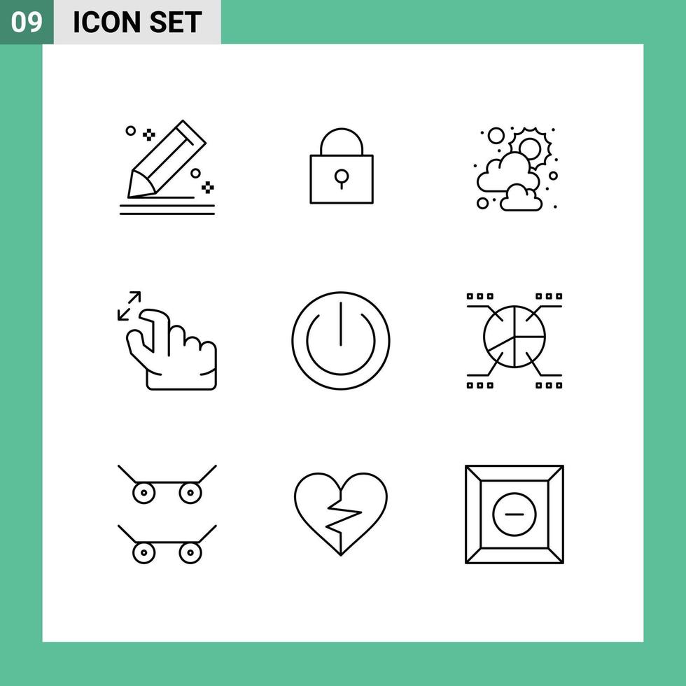 Editable Vector Line Pack of 9 Simple Outlines of chart multimedia sun zoom hand Editable Vector Design Elements