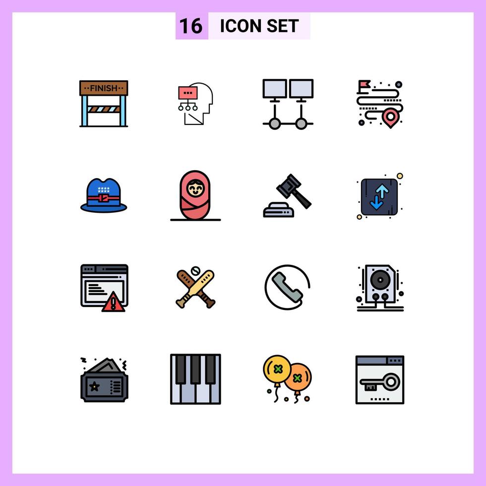 16 User Interface Flat Color Filled Line Pack of modern Signs and Symbols of hat map connect location server Editable Creative Vector Design Elements
