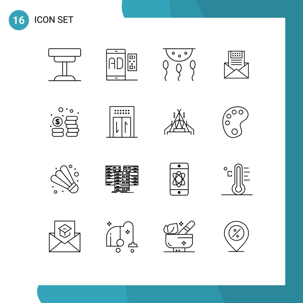 Universal Icon Symbols Group of 16 Modern Outlines of e email message process chemistry Editable Vector Design Elements