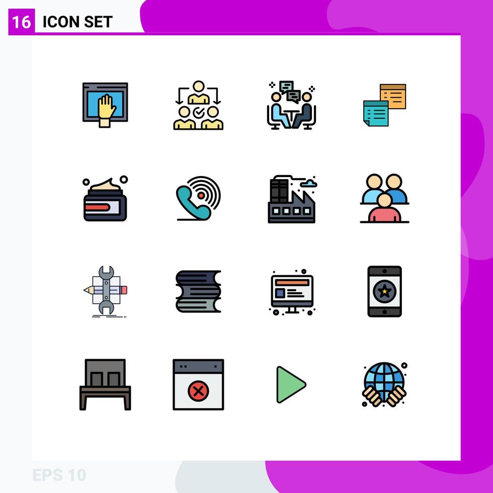 Mobile Interface Flat Color Filled Line Set of 16 Pictograms of notes files distribution sticky communication Editable Creative Vector Design Elements