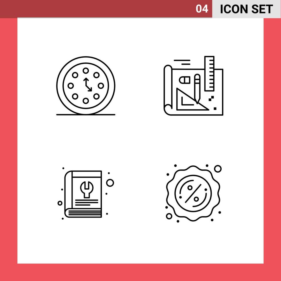 Set of 4 Modern UI Icons Symbols Signs for clock book time drawing repair Editable Vector Design Elements