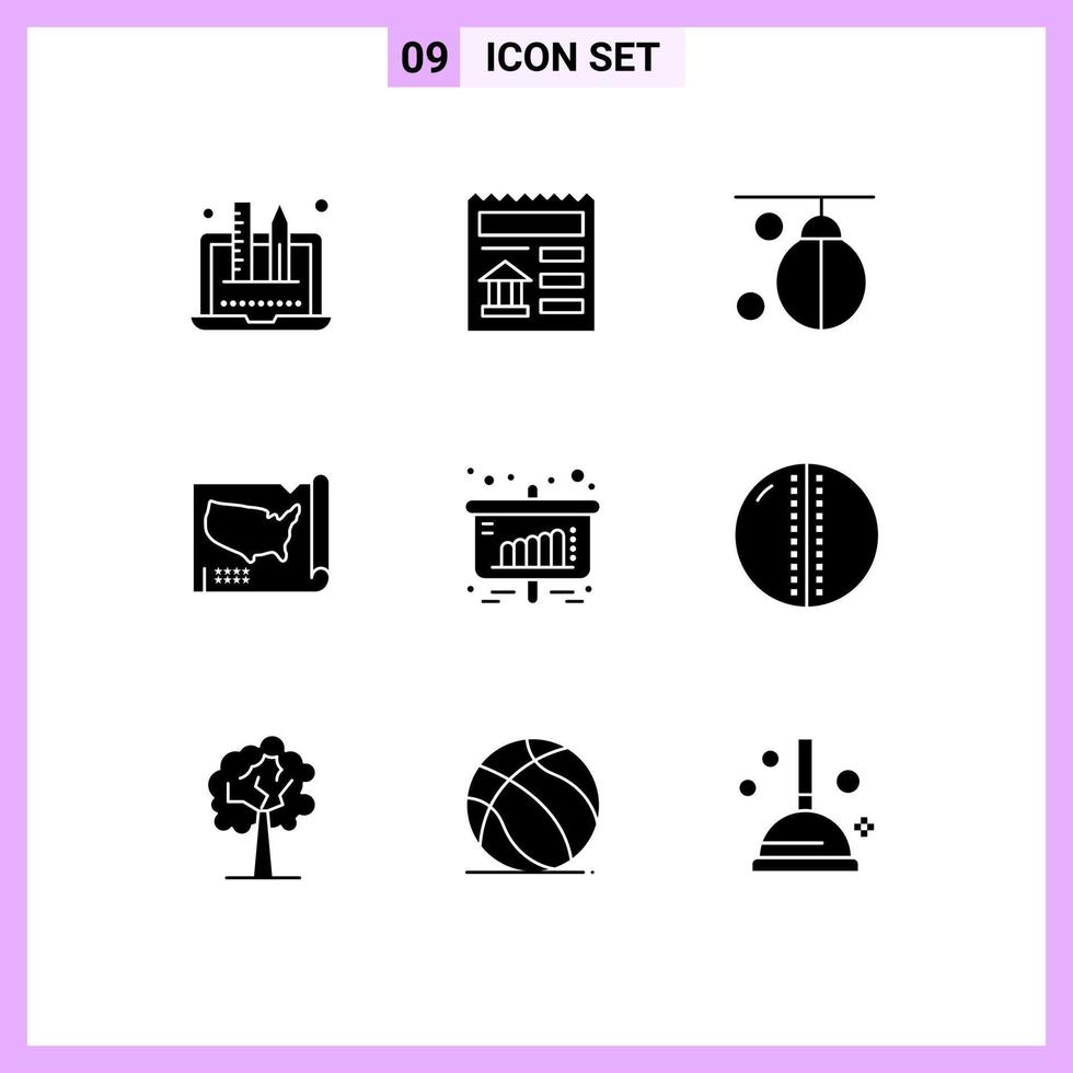 Group of 9 Solid Glyphs Signs and Symbols for business united bag states training Editable Vector Design Elements