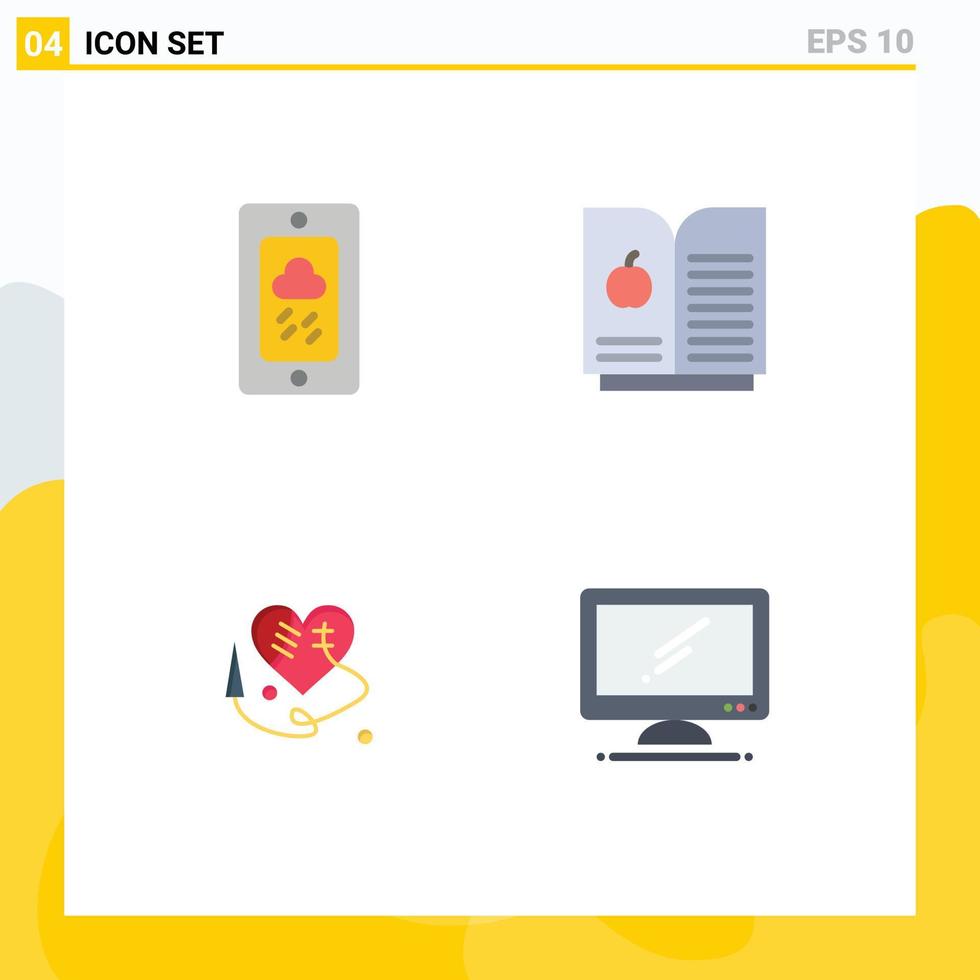 Set of 4 Vector Flat Icons on Grid for mobile computer rainy sewing heart device Editable Vector Design Elements