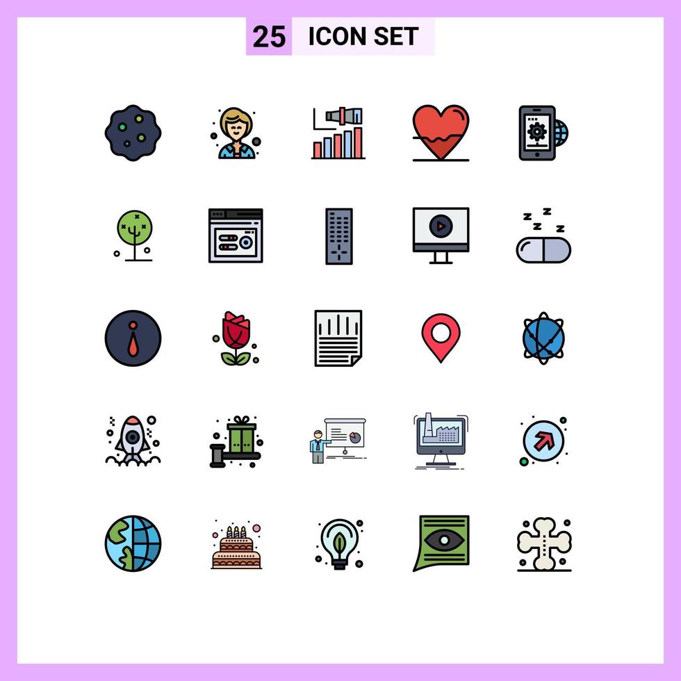 Group of 25 Filled line Flat Colors Signs and Symbols for business lab long heart beat Editable Vector Design Elements