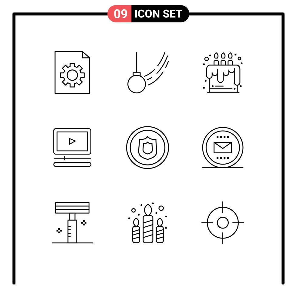 Pack of 9 creative Outlines of security award cake audio video Editable Vector Design Elements