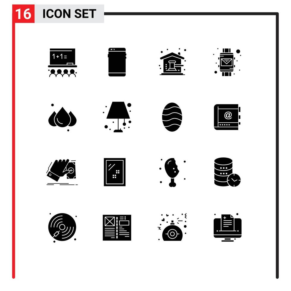 Set of 16 Vector Solid Glyphs on Grid for smart watch envelope samsung email home Editable Vector Design Elements