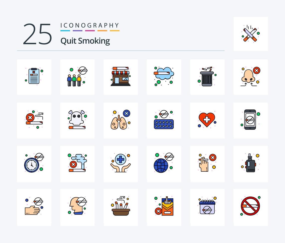 dejar de fumar paquete de iconos llenos de 25 líneas que incluye basura. fumar. No permitido. abandonar. adicto vector