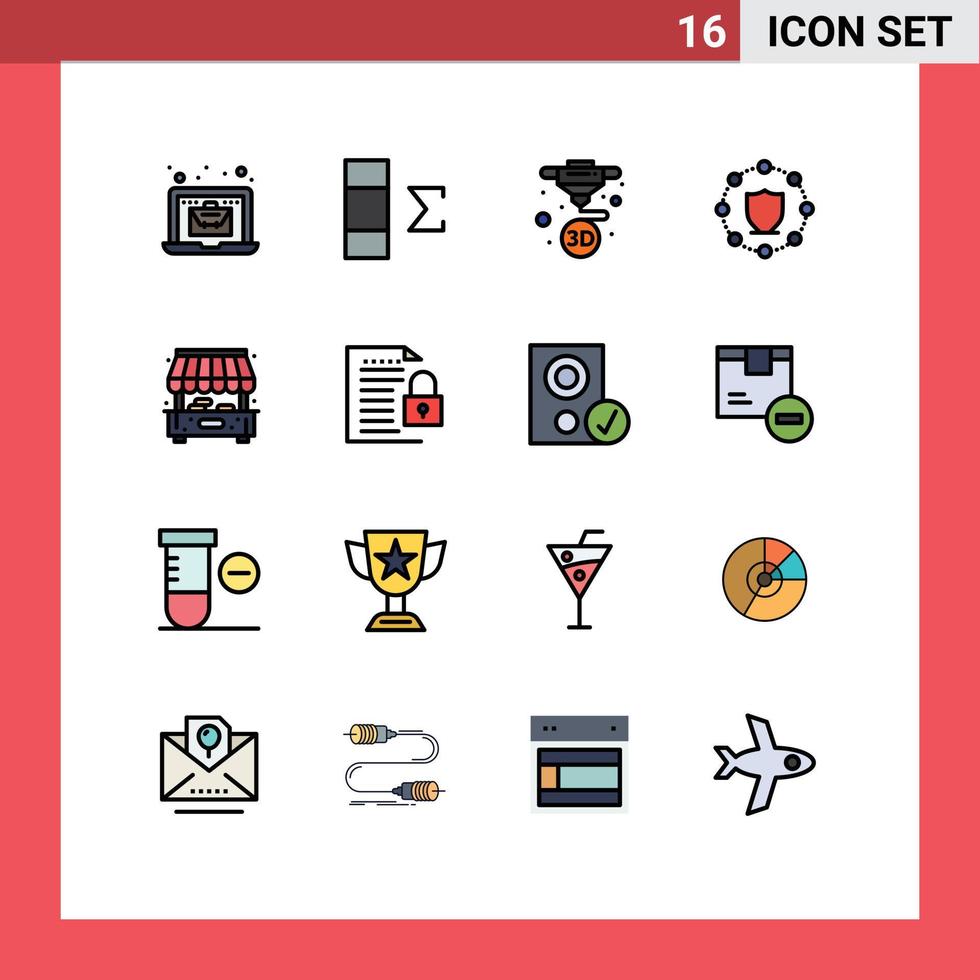 Universal Icon Symbols Group of 16 Modern Flat Color Filled Lines of shop city machine network protect Editable Creative Vector Design Elements