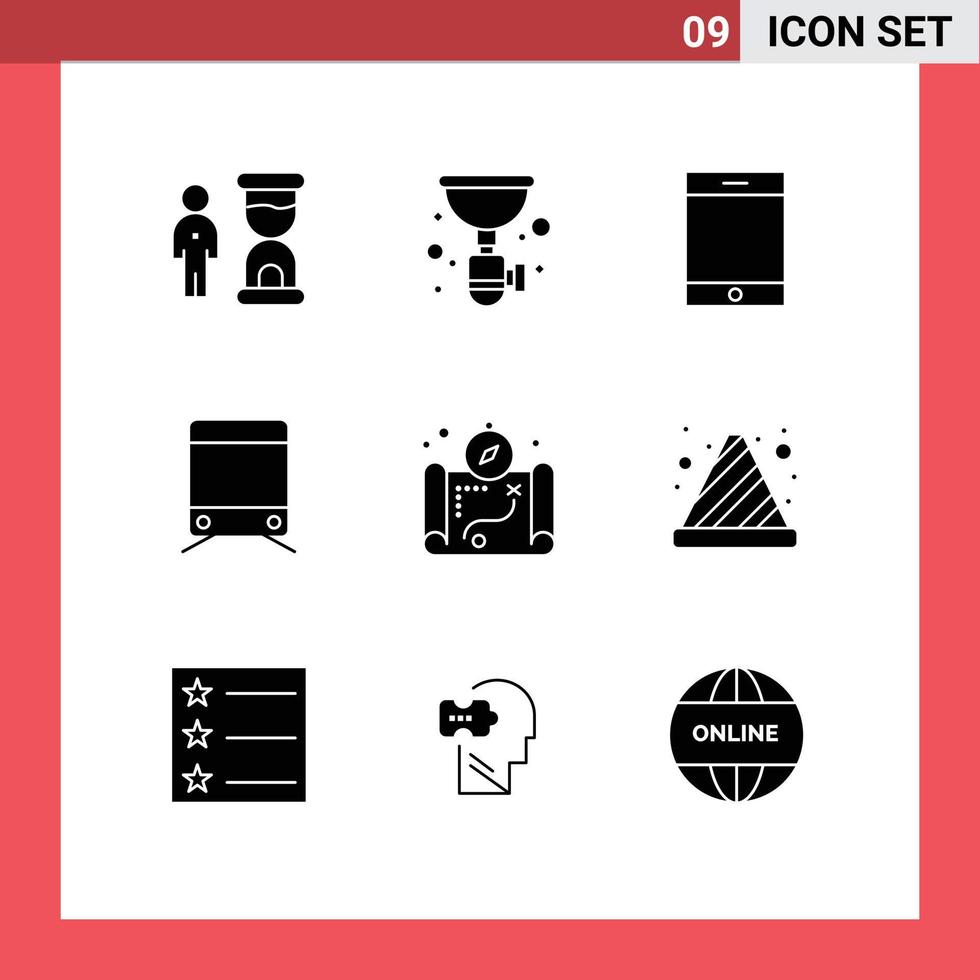 Mobile Interface Solid Glyph Set of 9 Pictograms of location transport sink train tablet Editable Vector Design Elements