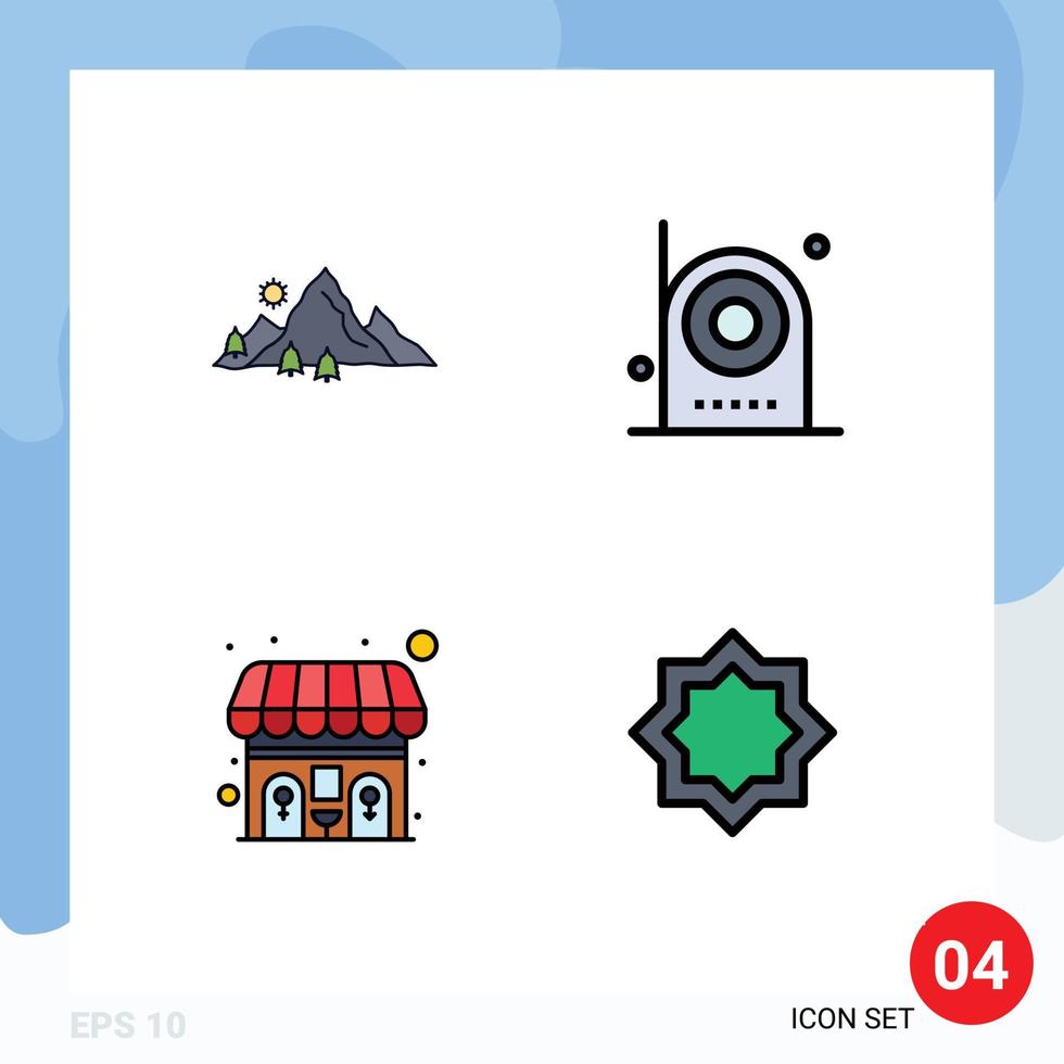 Editable Vector Line Pack of 4 Simple Filledline Flat Colors of mountain equipment nature devices toilet Editable Vector Design Elements