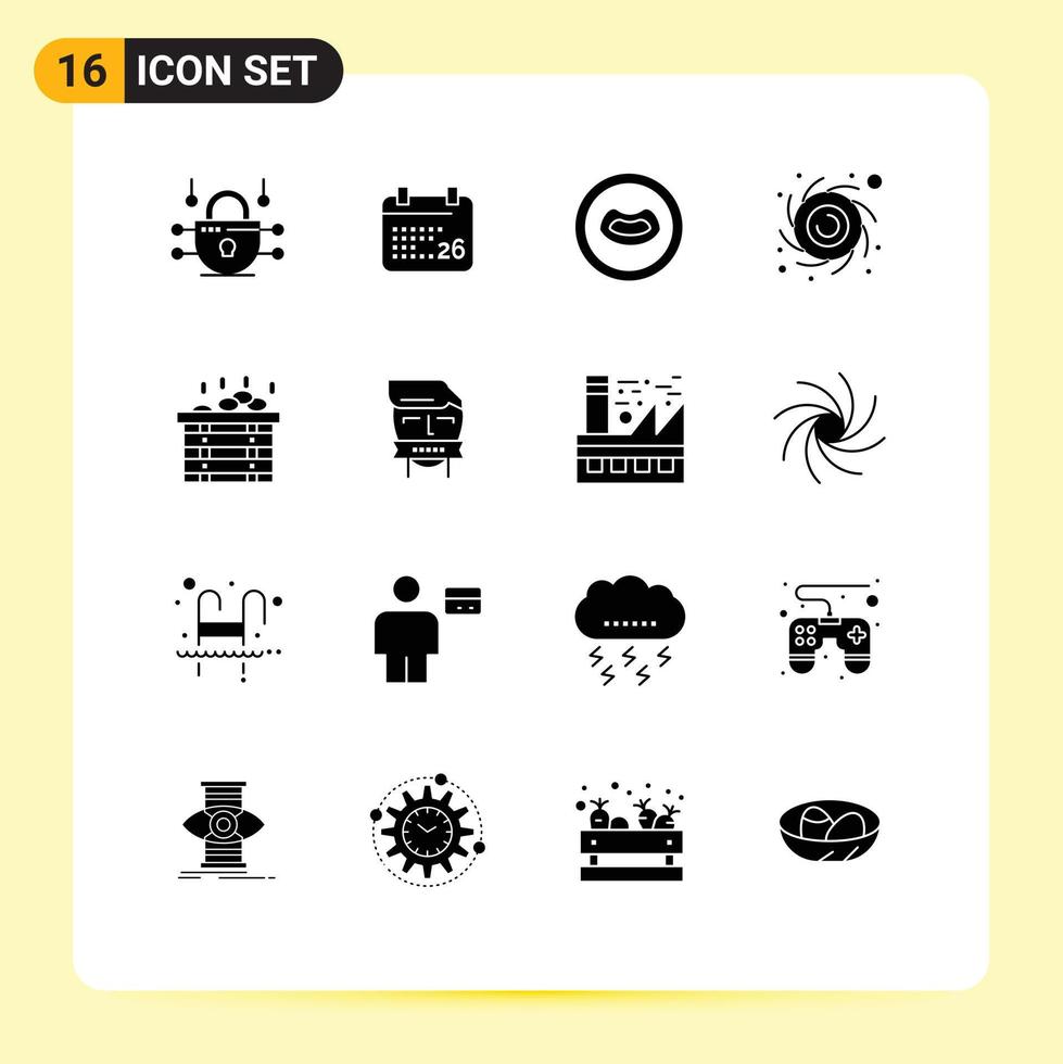 16 Universal Solid Glyphs Set for Web and Mobile Applications mouth box lips sauna planet Editable Vector Design Elements