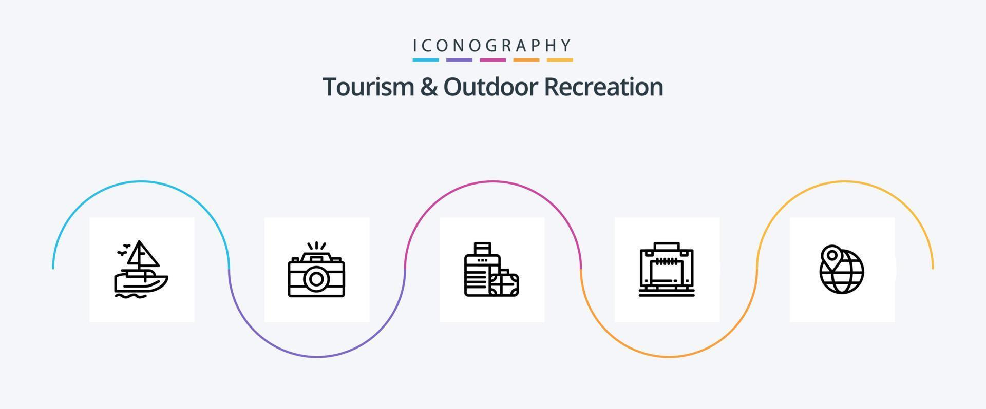 paquete de iconos de la línea 5 de turismo y recreación al aire libre que incluye mapa. equipaje. equipaje. maleta. hotel vector