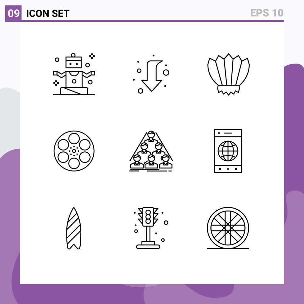 Universal Icon Symbols Group of 9 Modern Outlines of tape reel diving movie outdoor Editable Vector Design Elements