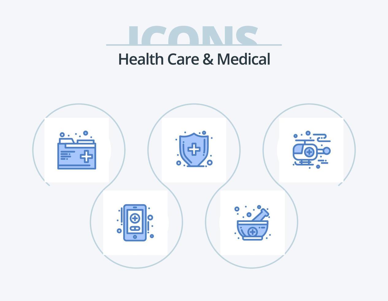 cuidado de la salud y diseño de icono azul médico icon pack 5. . helicóptero. salud. ambulancia. atención médica vector