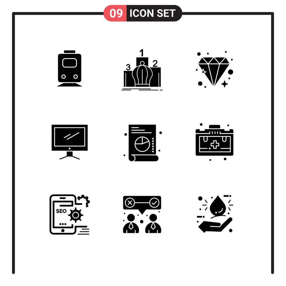 9 Universal Solid Glyph Signs Symbols of pc device monarchy monitor jewel Editable Vector Design Elements