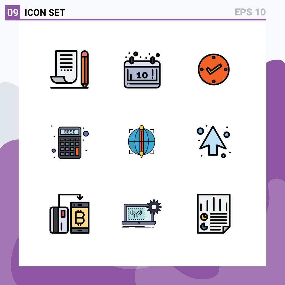grupo de 9 signos y símbolos de colores planos de línea de relleno para elementos de diseño de vectores editables de verificación de finanzas de temporada matemática de enfoque
