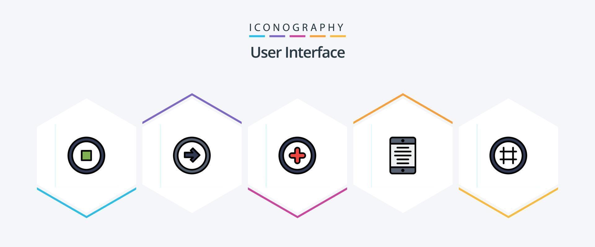 interfaz de usuario paquete de iconos de 25 líneas completas que incluye ui. hashtag. interfaz. usuario. teléfono móvil vector