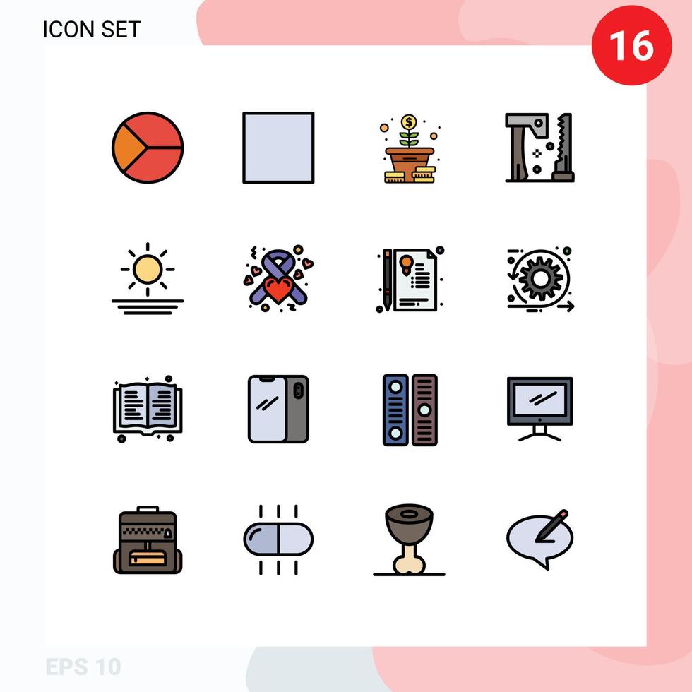 interfaz móvil línea llena de color plano conjunto de 16 pictogramas de herramientas construcción jugador hacha árbol elementos de diseño de vectores creativos editables