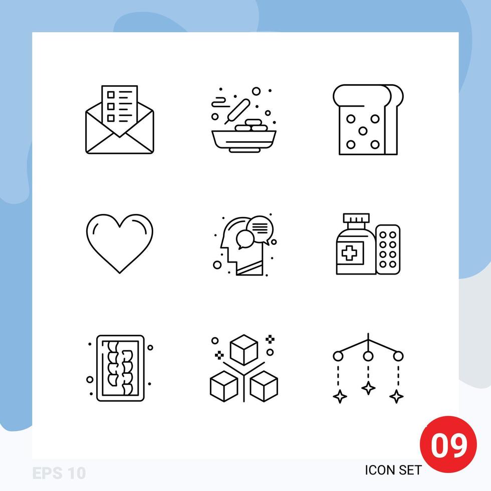 Mobile Interface Outline Set of 9 Pictograms of mind head toast communication favorite Editable Vector Design Elements