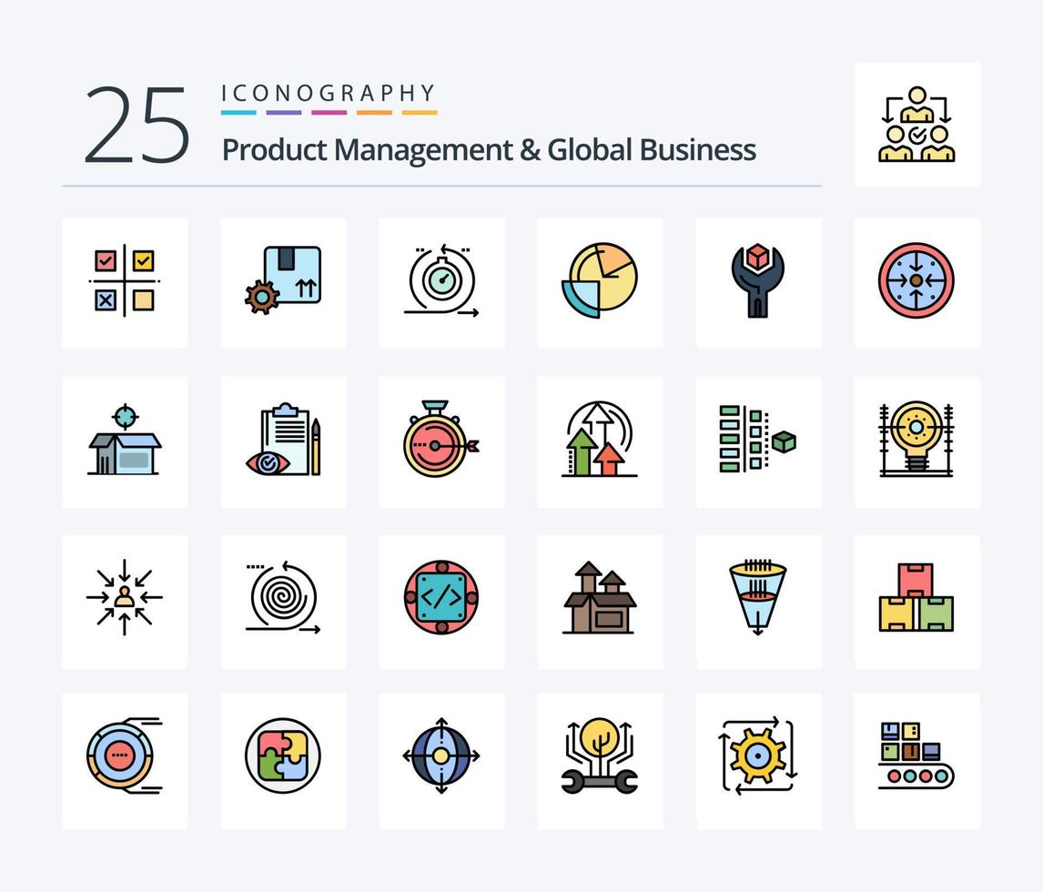 Product Managment And Global Business 25 Line Filled icon pack including data. analysis. premium quality. iteration. development vector