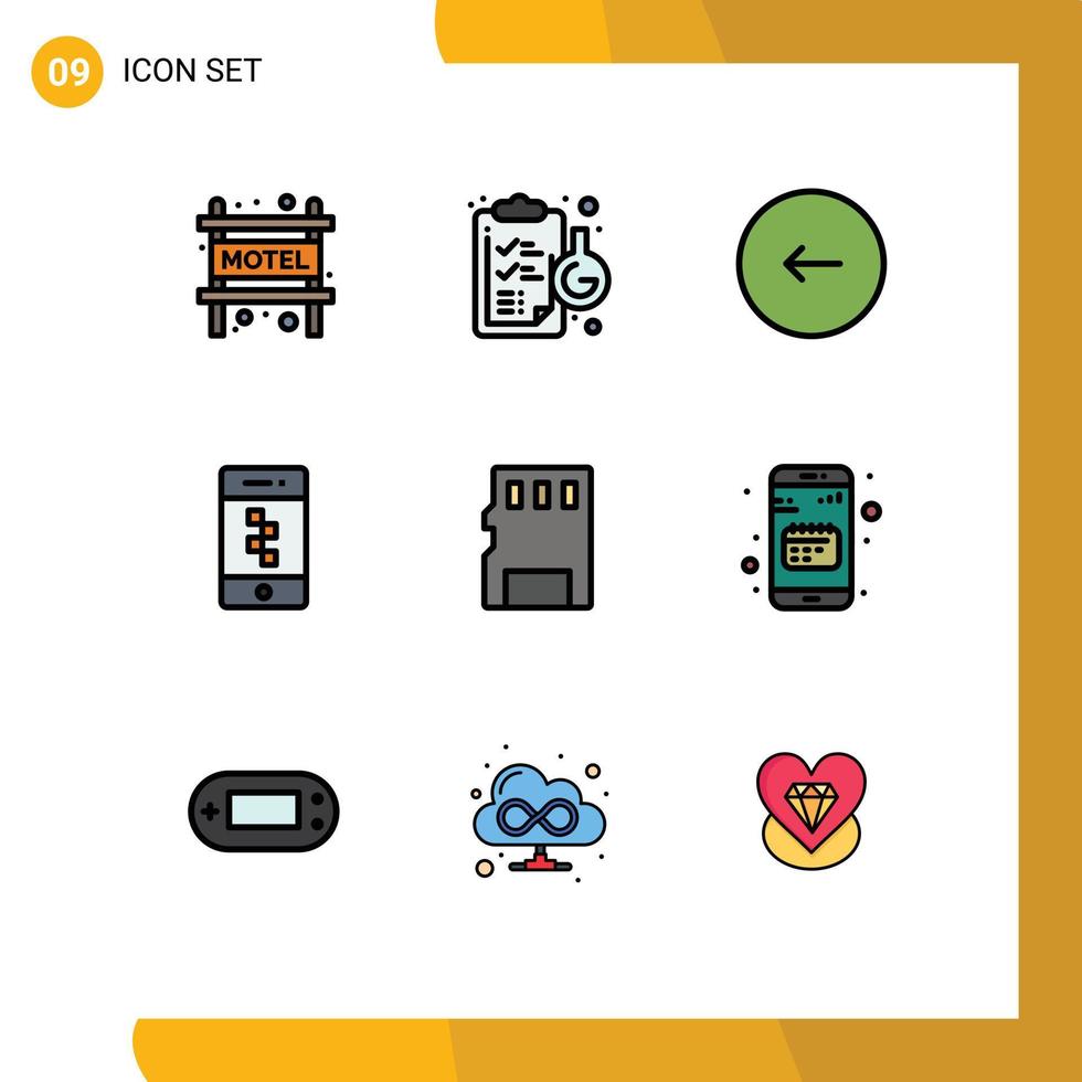 Filledline Flat Color Pack of 9 Universal Symbols of memory technology buttons smartphone application Editable Vector Design Elements
