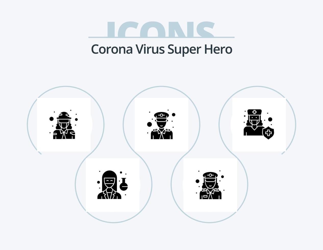 Corona Virus Super Hero Glyph Icon Pack 5 Icon Design. hospital. officer. defense. security. man vector