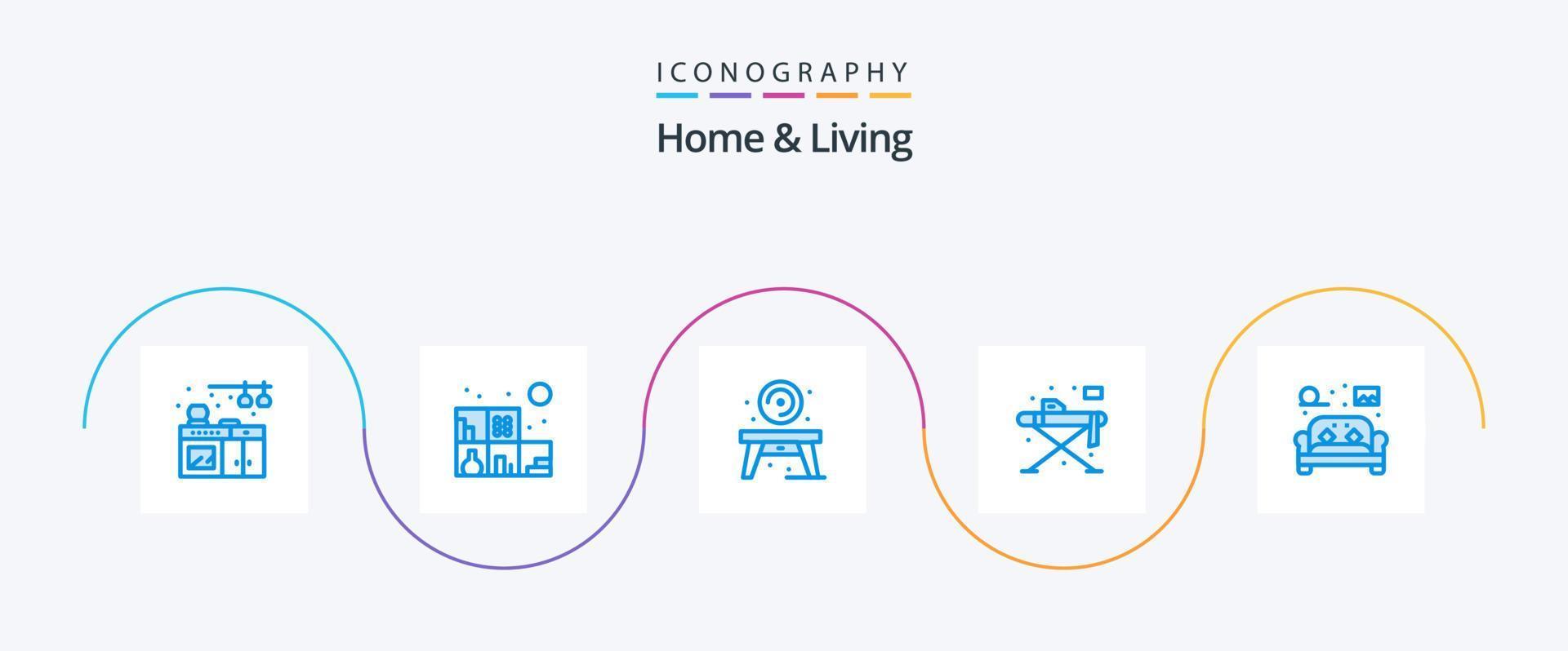 Home And Living Blue 5 Icon Pack Including living. furniture. table. chair. iron vector