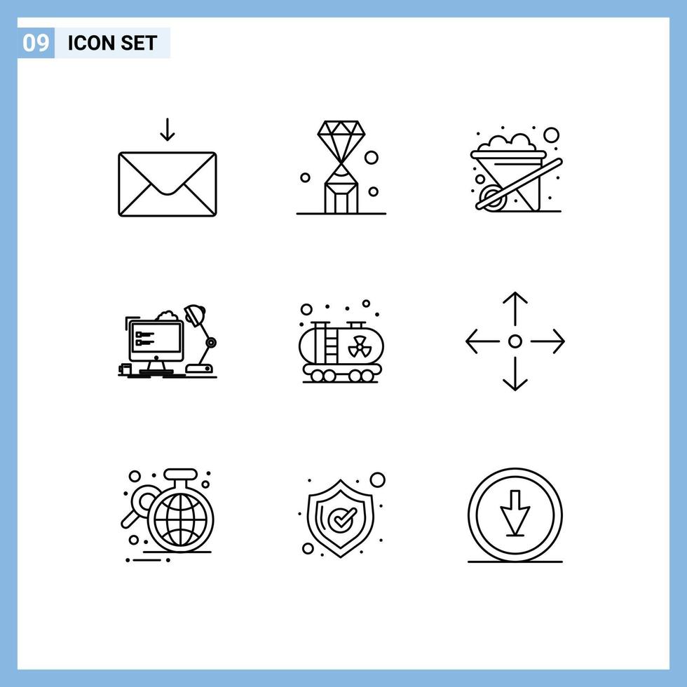 Mobile Interface Outline Set of 9 Pictograms of pollution computer construction lamp workstation Editable Vector Design Elements