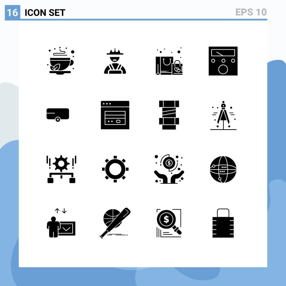 16 Universal Solid Glyphs Set for Web and Mobile Applications vehicle farmer bag voltmeter ampere Editable Vector Design Elements