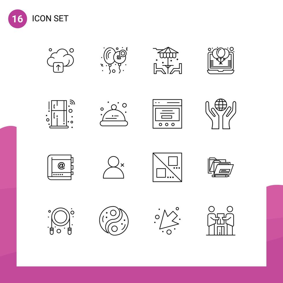 Group of 16 Modern Outlines Set for fridge party beach offer balloon Editable Vector Design Elements