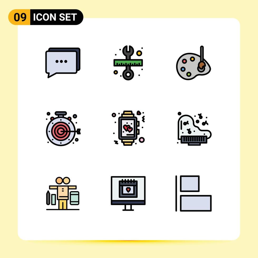 Set of 9 Vector Filledline Flat Colors on Grid for time clock draw goal target Editable Vector Design Elements