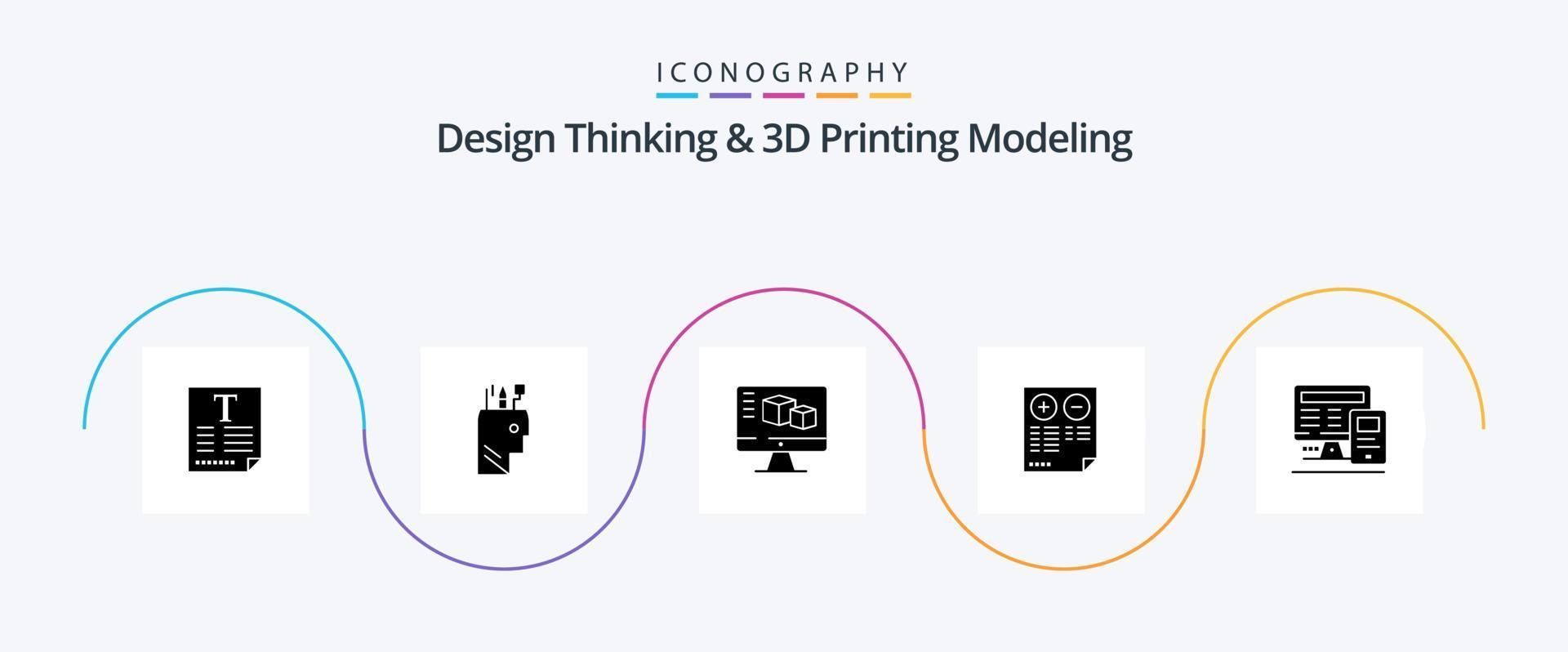 Design Thinking And D Printing Modeling Glyph 5 Icon Pack Including computer. plus. computer. document. pros vector