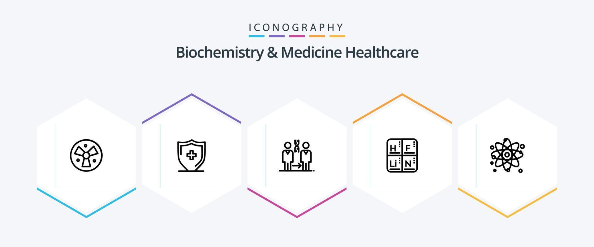 Biochemistry And Medicine Healthcare 25 Line icon pack including atom. elements. dna. table. health vector