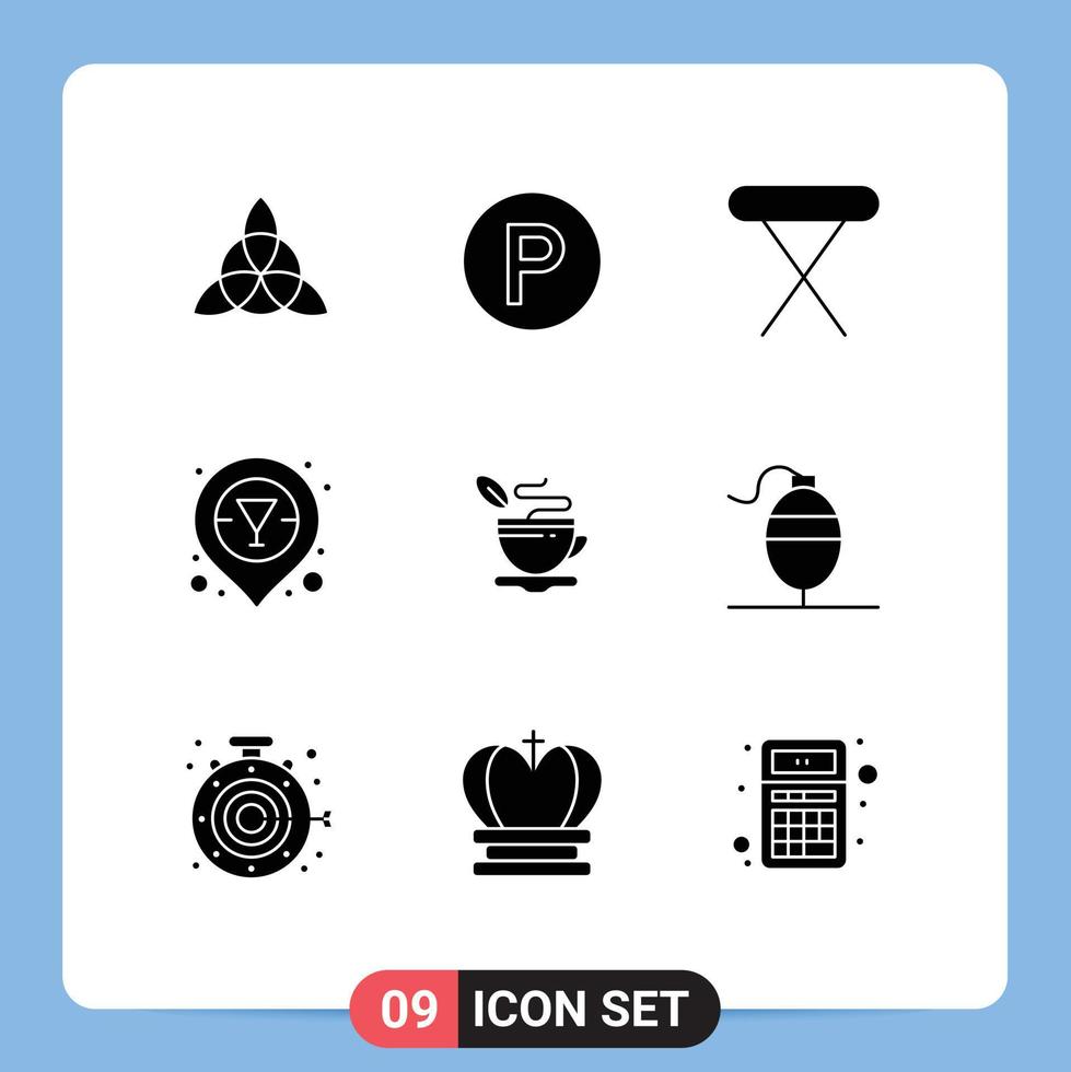 User Interface Pack of 9 Basic Solid Glyphs of bobber hot iron cup vodka Editable Vector Design Elements