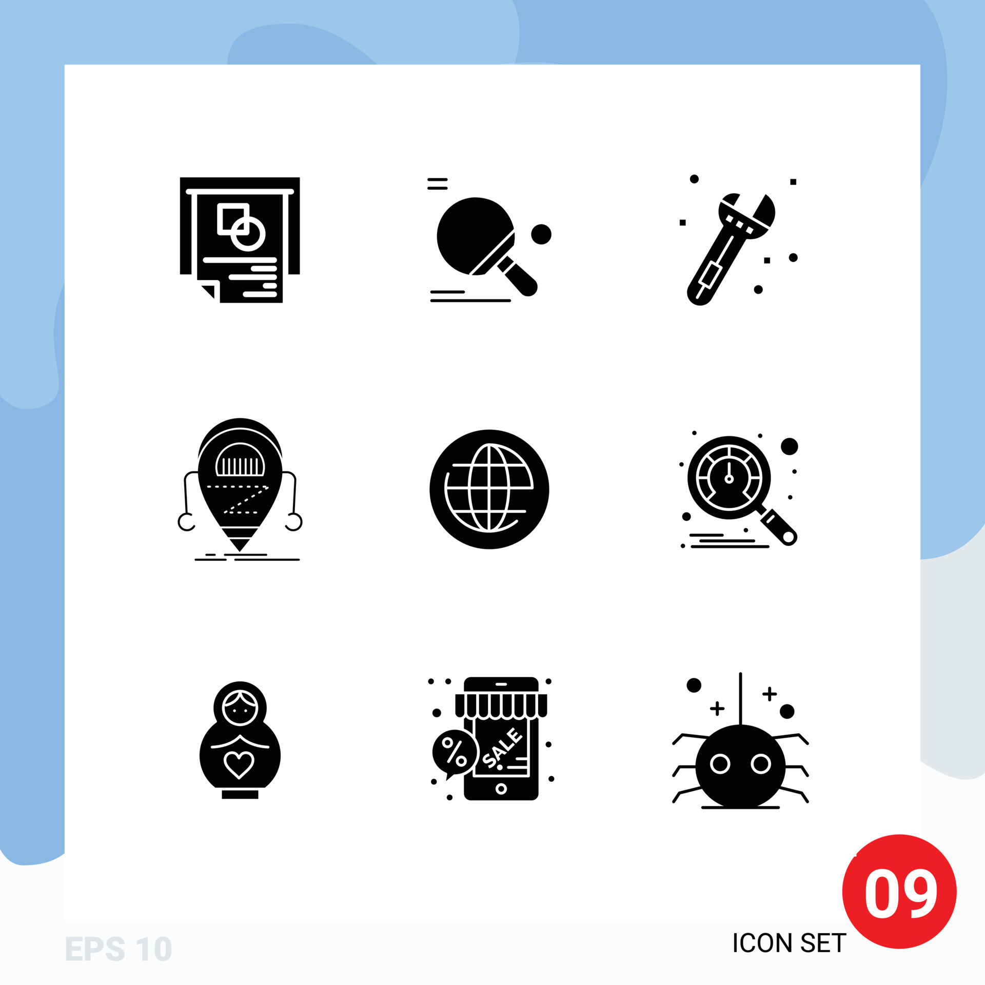 Modern set of 9 solid glyphs and symbols such as earth robot ball droid