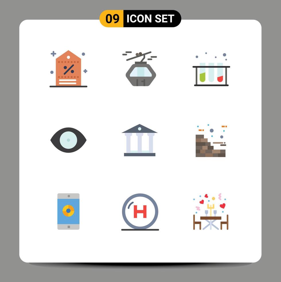 9 User Interface Flat Color Pack of modern Signs and Symbols of vision face gondola eye test Editable Vector Design Elements