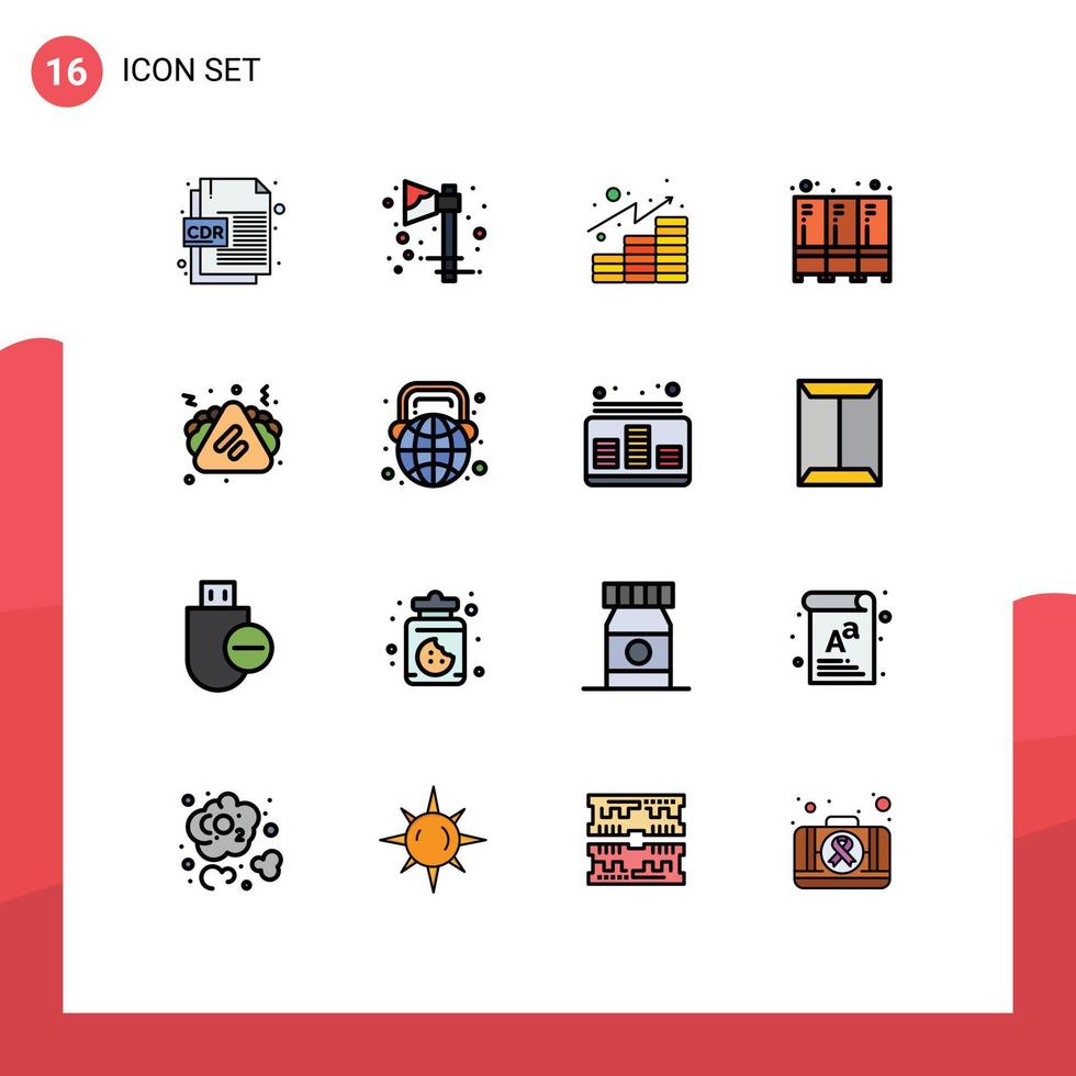 paquete de líneas vectoriales editables de 16 líneas llenas de colores planos simples de análisis de almacenamiento de alimentos seguridad de casilleros elementos de diseño de vectores creativos editables