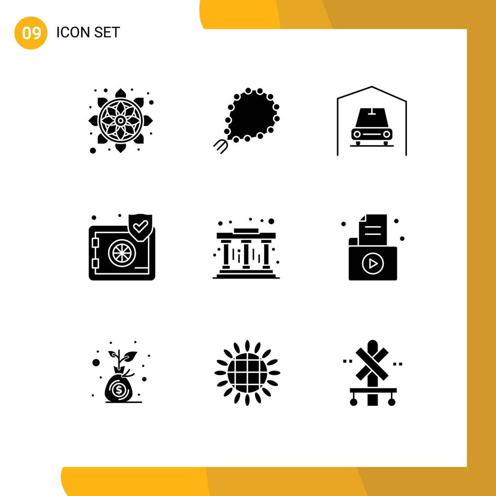 Mobile Interface Solid Glyph Set of 9 Pictograms of pillars security muslim safe insurance Editable Vector Design Elements