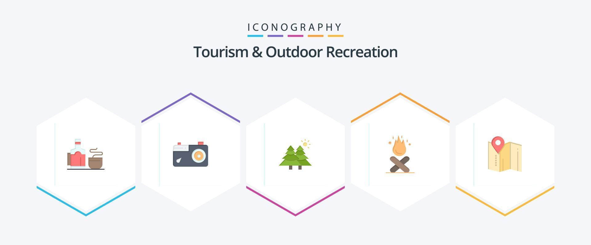 Tourism And Outdoor Recreation 25 Flat icon pack including map . fire. fir. camping. bonfire vector