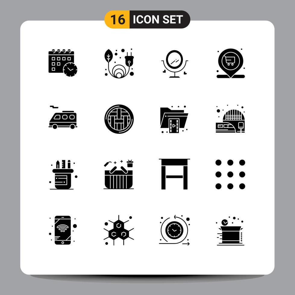 Group of 16 Modern Solid Glyphs Set for dinner transport wedding bus location Editable Vector Design Elements