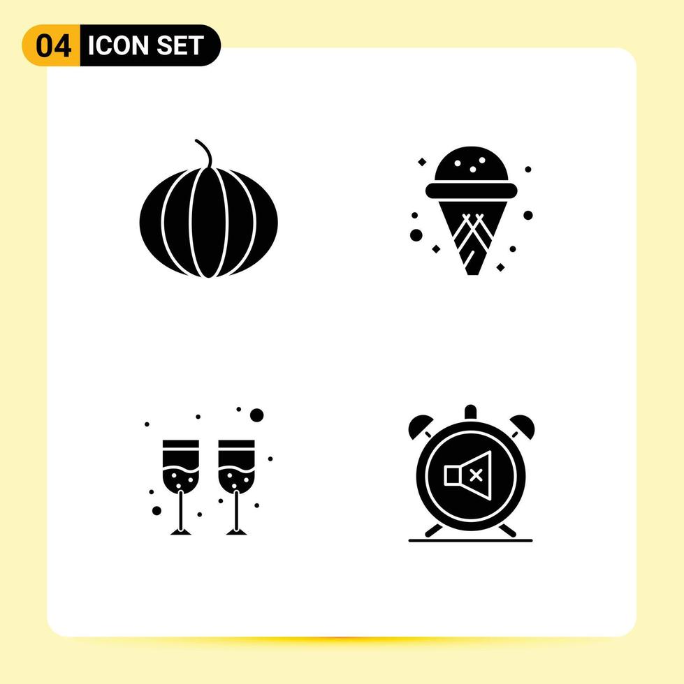 Group of 4 Solid Glyphs Signs and Symbols for pumpkin clock ice cream glass off Editable Vector Design Elements