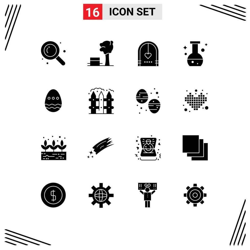 Group of 16 Modern Solid Glyphs Set for easter test celebration lab tube Editable Vector Design Elements