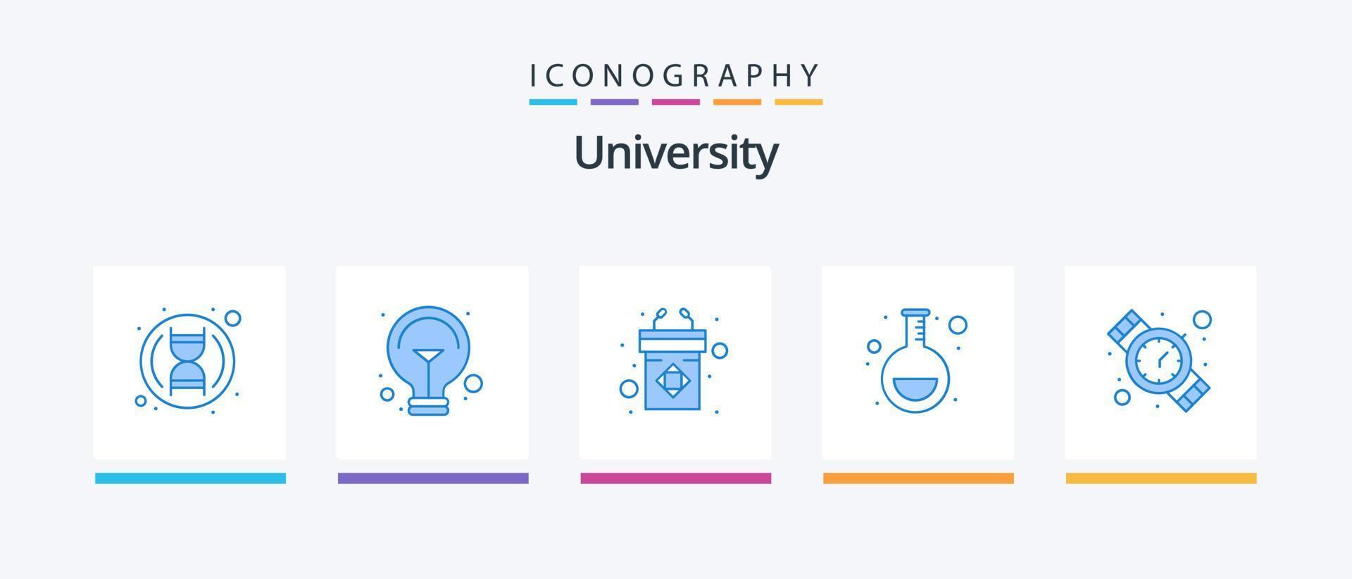 paquete de iconos de universidad azul 5 que incluye tiempo. podio. investigación. matraz. diseño de iconos creativos vector