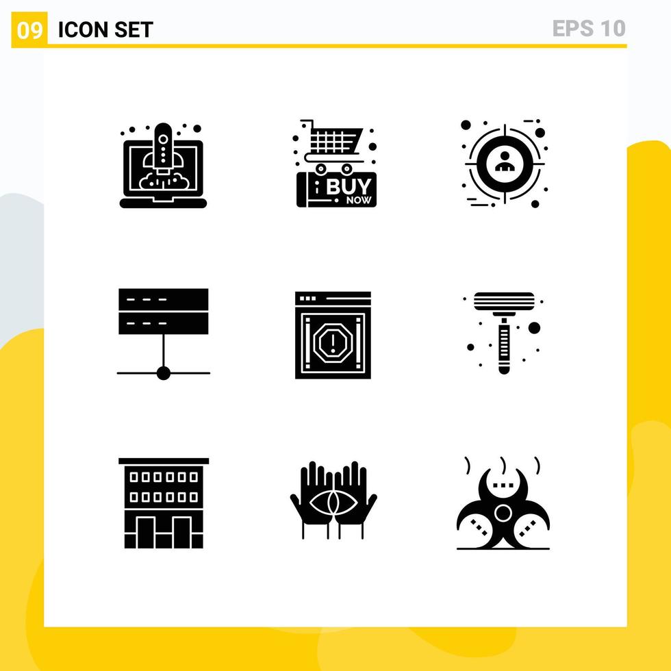9 User Interface Solid Glyph Pack of modern Signs and Symbols of alert server focus devices admin Editable Vector Design Elements