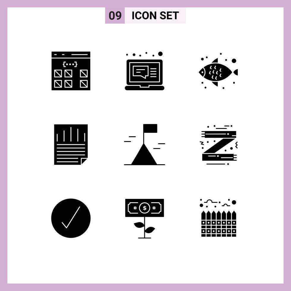 Set of 9 Commercial Solid Glyphs pack for mountain paper check message page data Editable Vector Design Elements