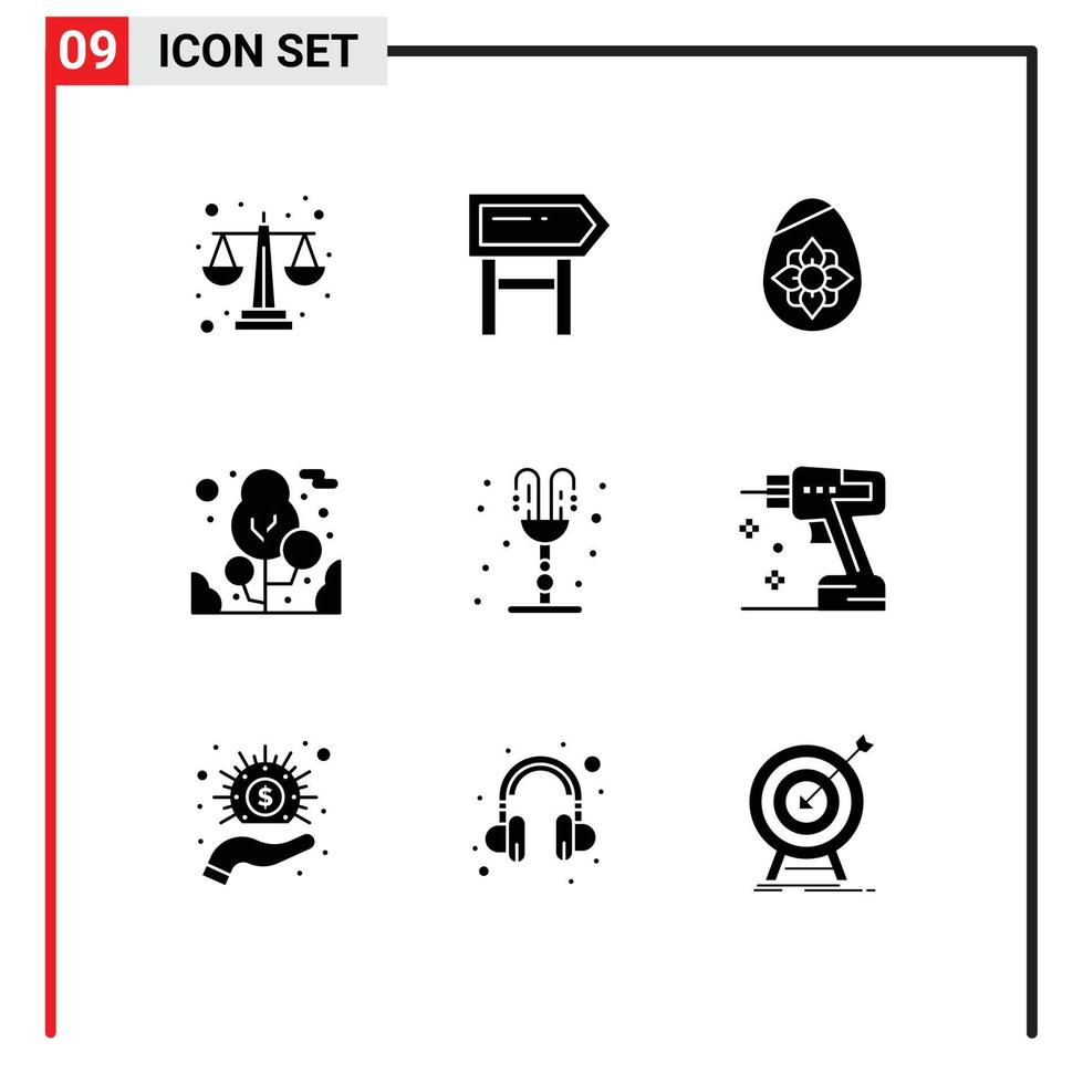9 Thematic Vector Solid Glyphs and Editable Symbols of romance fountain decoration camping plant Editable Vector Design Elements