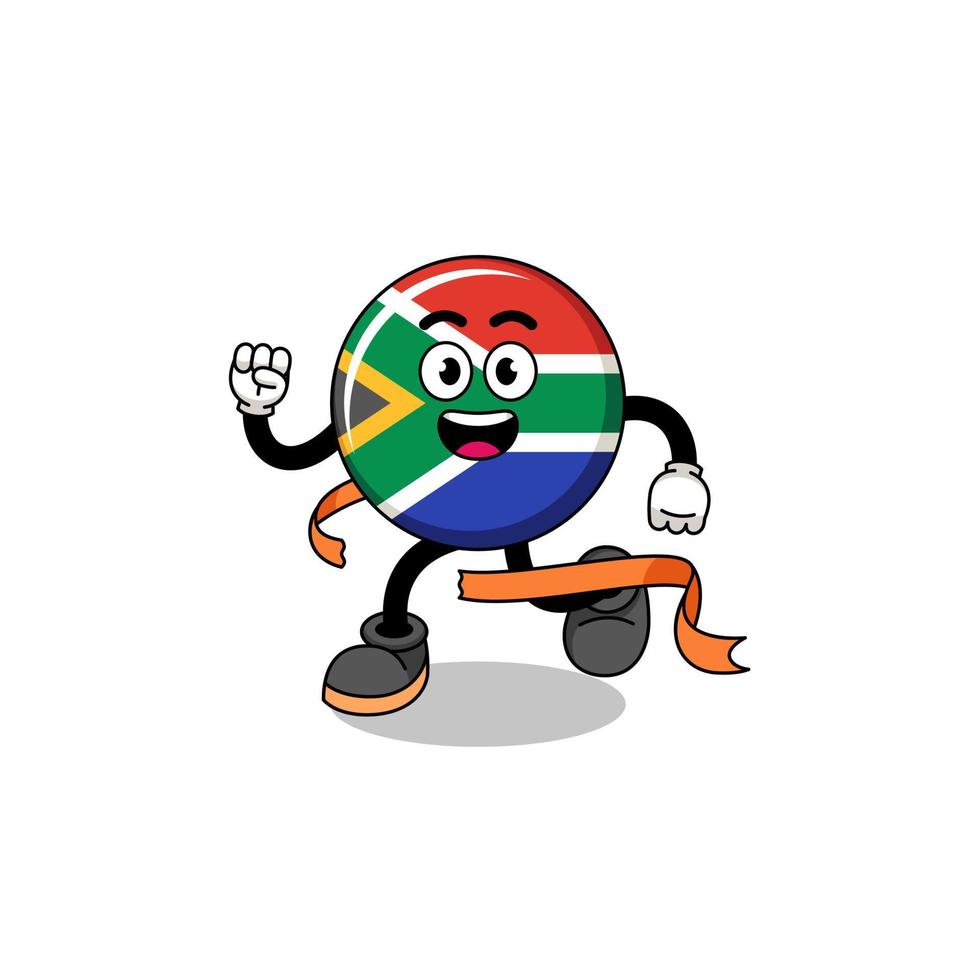 caricatura de mascota de la bandera de sudáfrica corriendo en la línea de meta vector