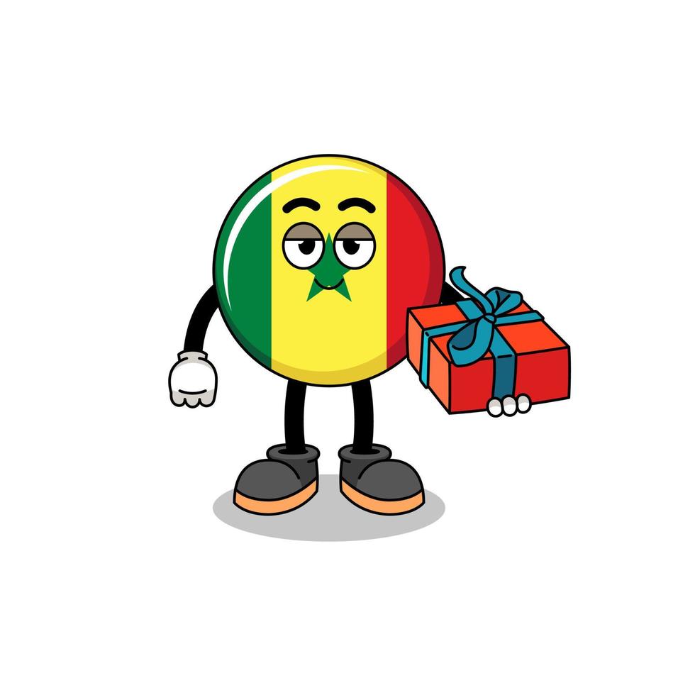 ilustración de la mascota de la bandera de senegal dando un regalo vector