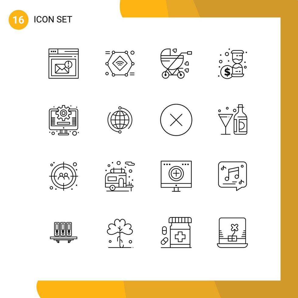 Group of 16 Modern Outlines Set for business money smart camera investment buggy Editable Vector Design Elements