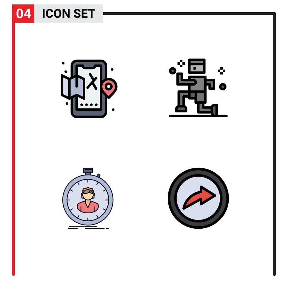 Group of 4 Modern Filledline Flat Colors Set for mobile stopwatch map running girl Editable Vector Design Elements